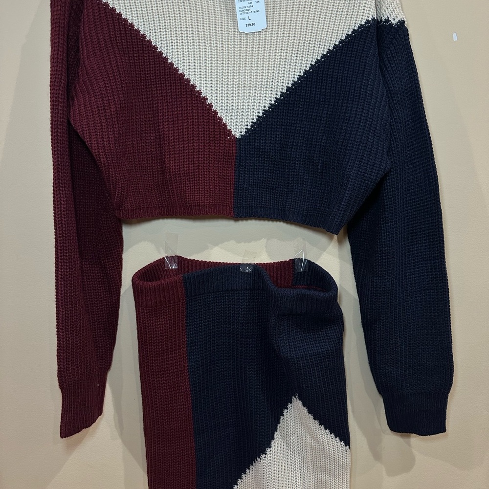 Cream and Red Crew Neck Colorblock Sweater Windsor